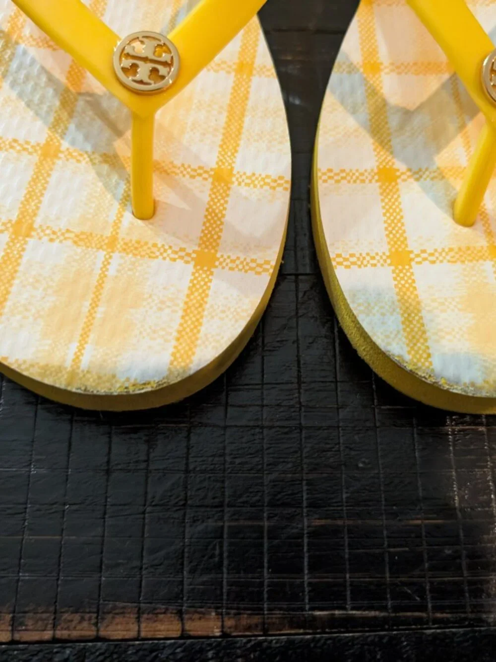 Tory Burch Sunlight Yellow/Check In Plaid Flip Flops, Size 9